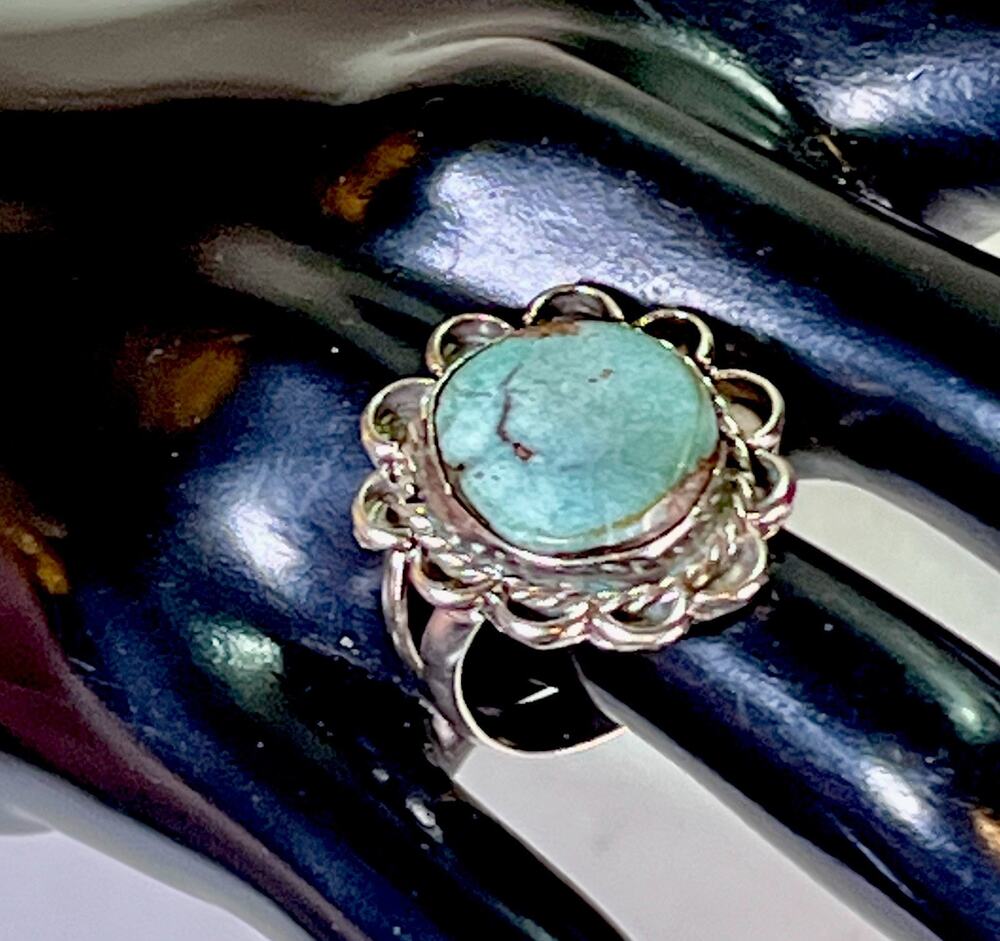 Old Pawn Native American Large Sterling Silver Turquoise Ring Sz 8 Handmade 6.9g